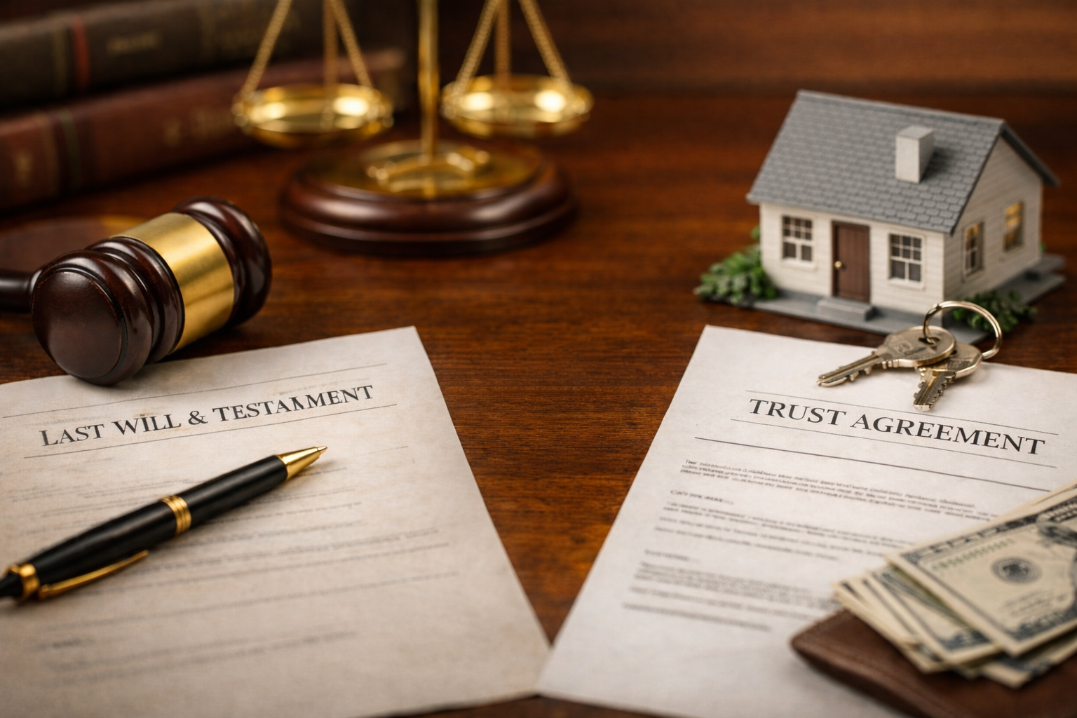 Last will and testament and trust agreement documents on a desk, illustrating estate planning options.